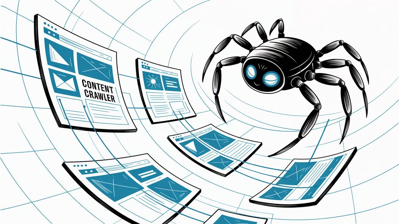 Automated website crawler spider with AI elements systematically collecting content from interconnected web pages in a circular pattern