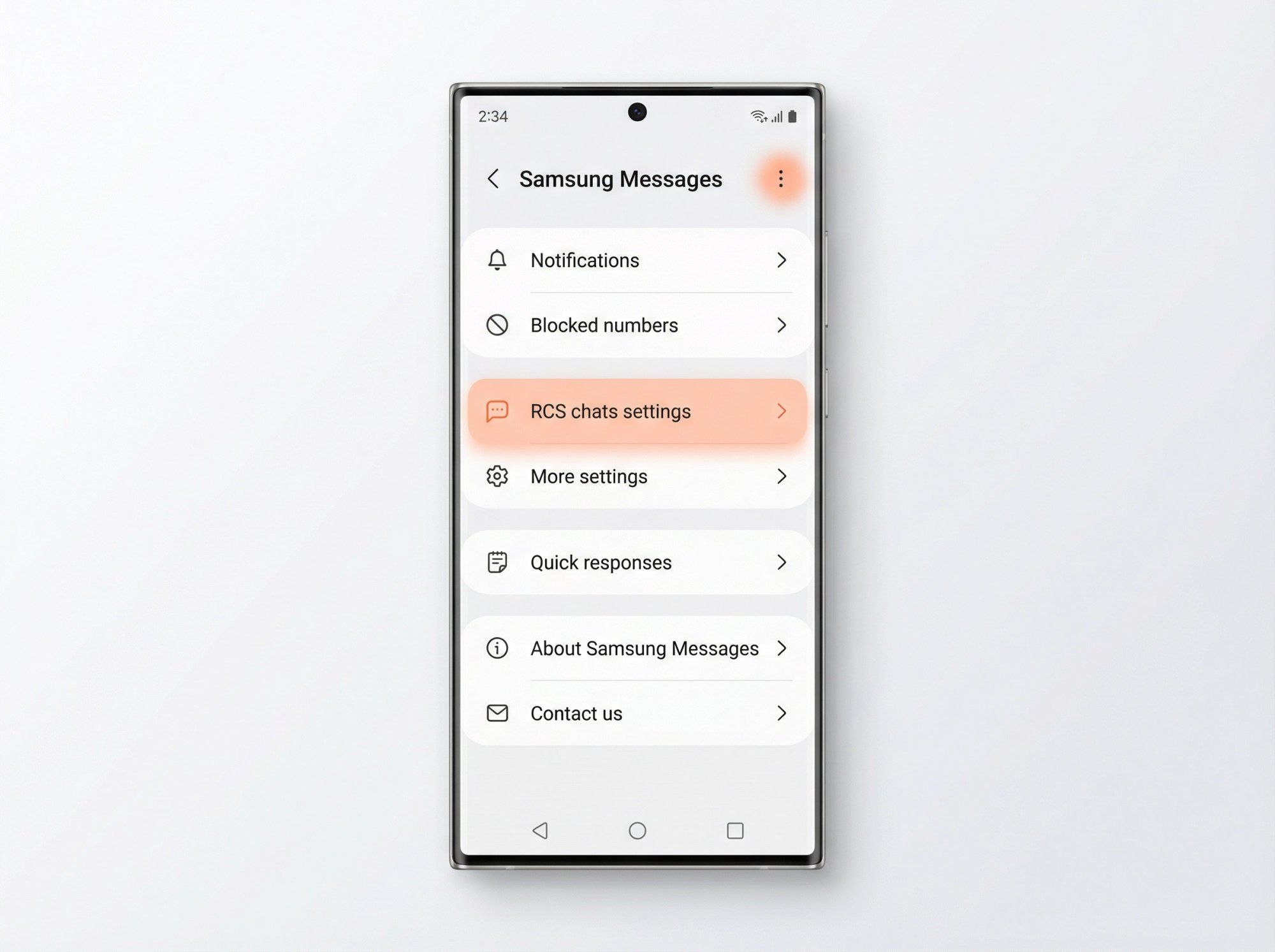 Samsung Messages app settings screen showing the path to RCS chats settings toggle on Android phone