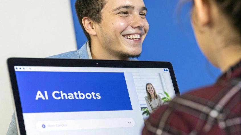 A smiling customer looks at their phone, which displays a successfully resolved support chat, illustrating the positive outcome of automation.