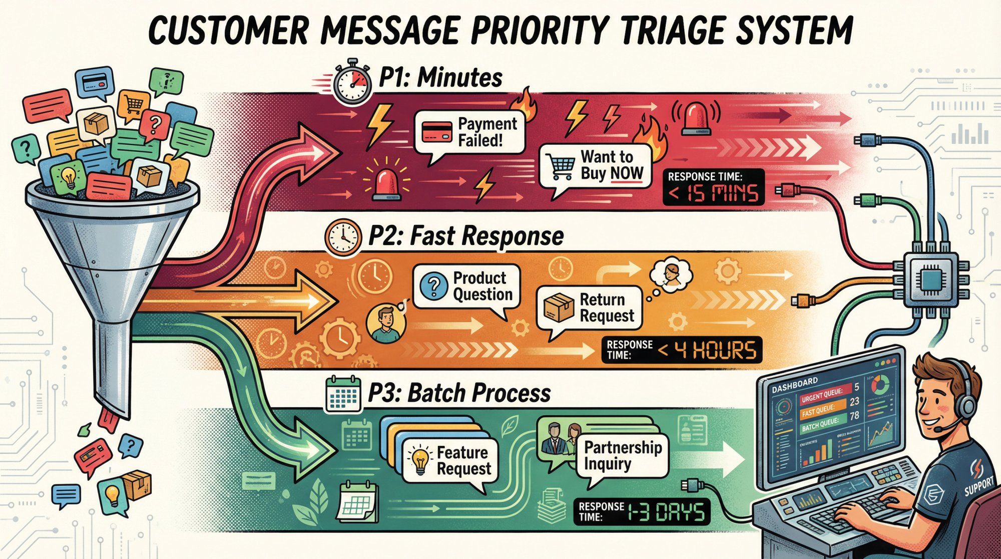 Visual triage system showing three priority levels for customer messages with color-coded routing lanes