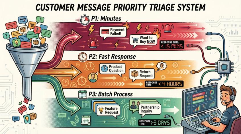 Visual triage system showing three priority levels for customer messages with color-coded routing lanes
