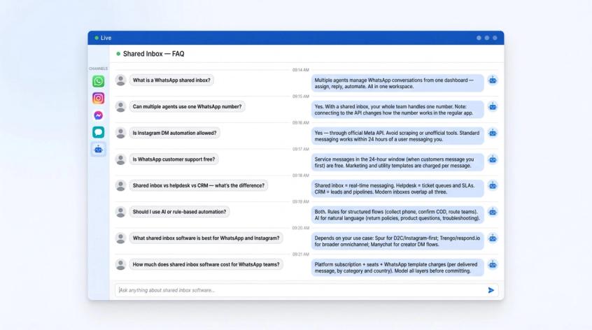 WhatsApp-style chat interface mockup showing 8 shared inbox FAQ questions answered in a modern SaaS messaging UI