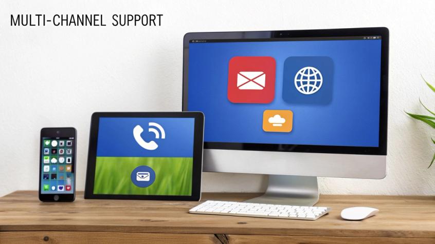 A diagram illustrating multi-channel support integration, showing channels like email, phone, chat, and social media all feeding into a central help desk platform for a unified customer view.