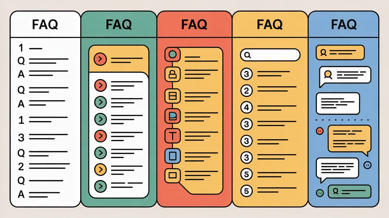Five distinct FAQ interface designs showing simple list, accordion menu, categorized sections, searchable knowledge base, and chatbot conversation formats