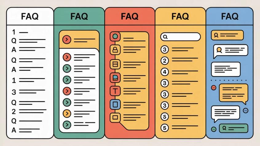 Five distinct FAQ interface designs showing simple list, accordion menu, categorized sections, searchable knowledge base, and chatbot conversation formats