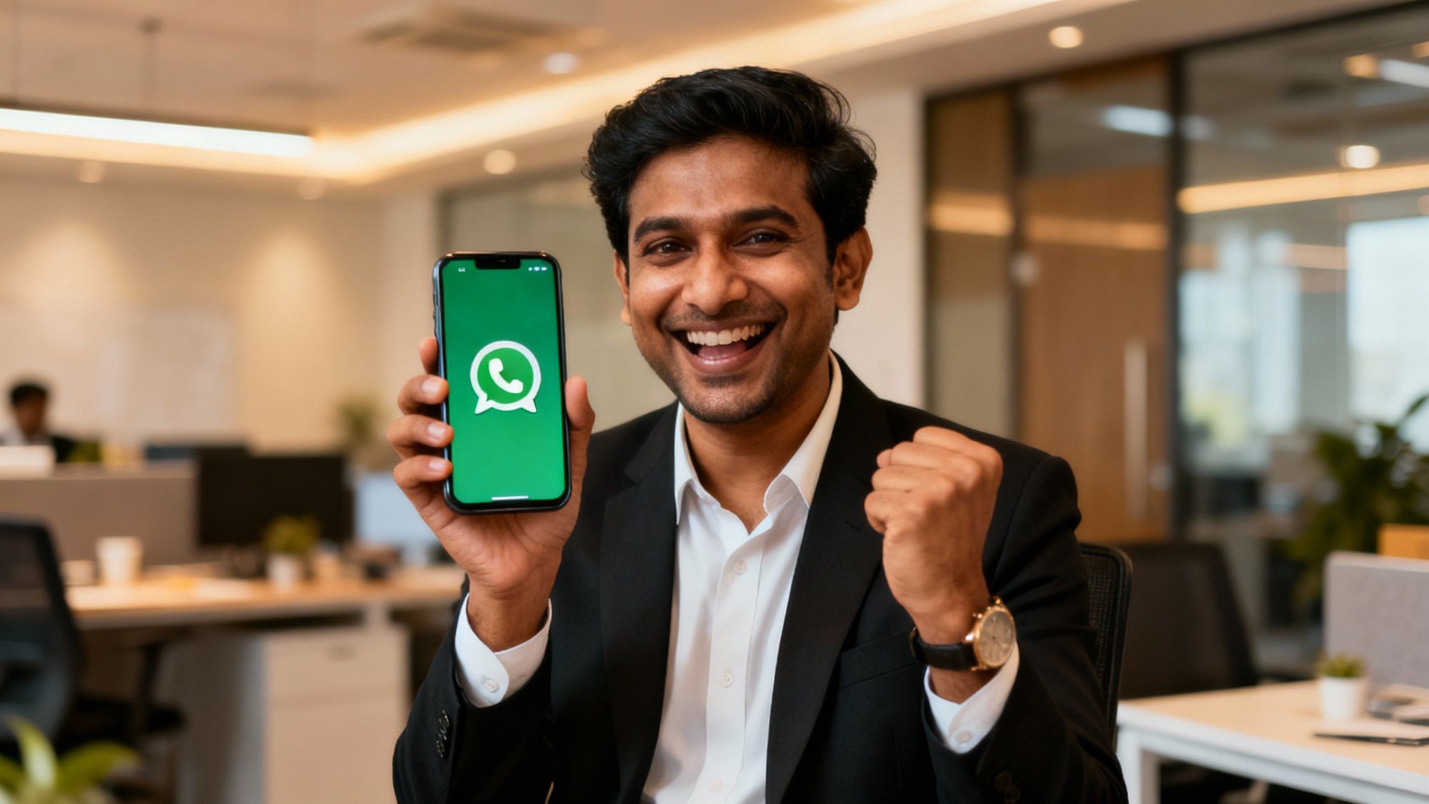 Indian business owner celebrating WhatsApp marketing success with smartphone in modern office