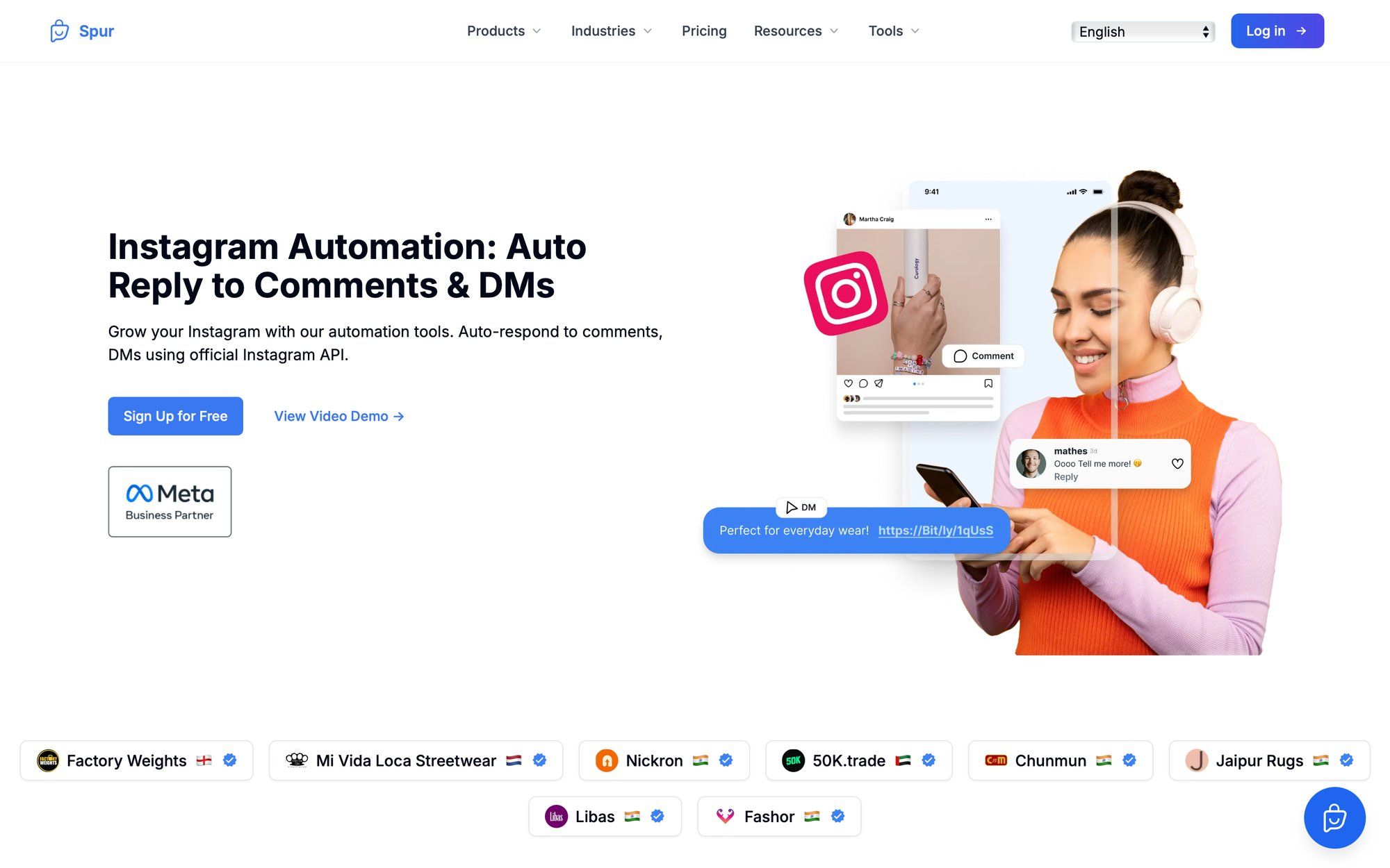 Spur's website advertising Instagram automation for auto-reply to comments and DMs, featuring a smiling woman with a phone.