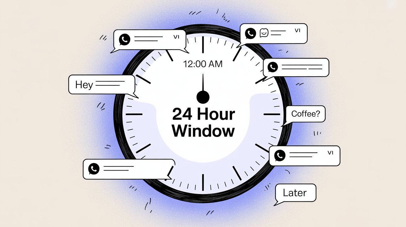 Clock diagram showing WhatsApp 24-hour messaging window with message bubbles around it