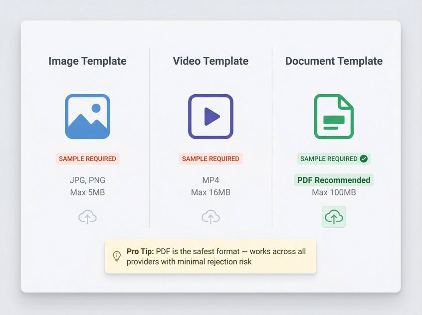 Clean dashboard interface showing three WhatsApp media template types with sample file upload requirements