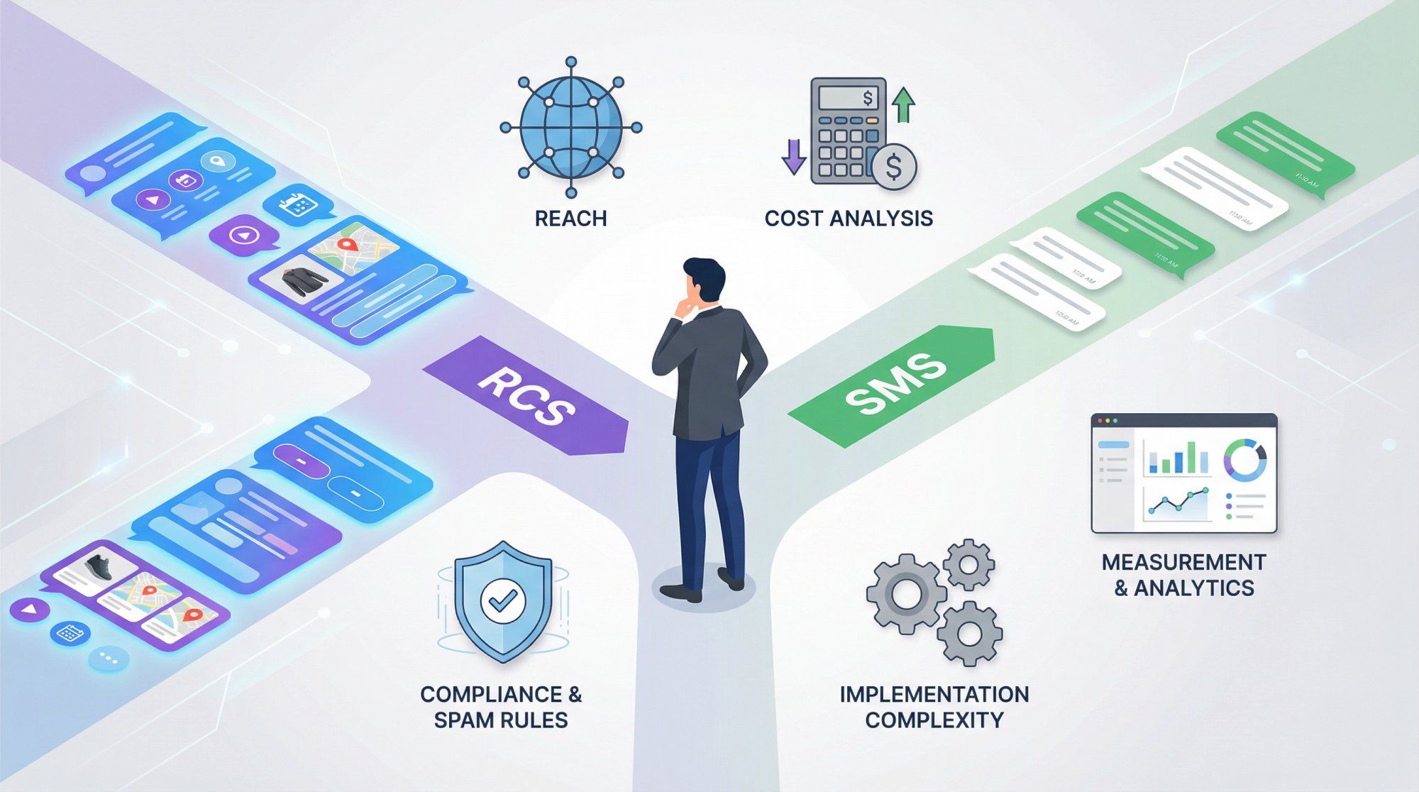 Business decision-maker evaluating RCS vs SMS with strategic factors like reach, cost, compliance and implementation