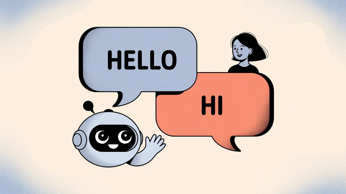 Friendly chatbot robot and customer exchanging greetings in speech bubbles, illustrating conversational lead generation interaction