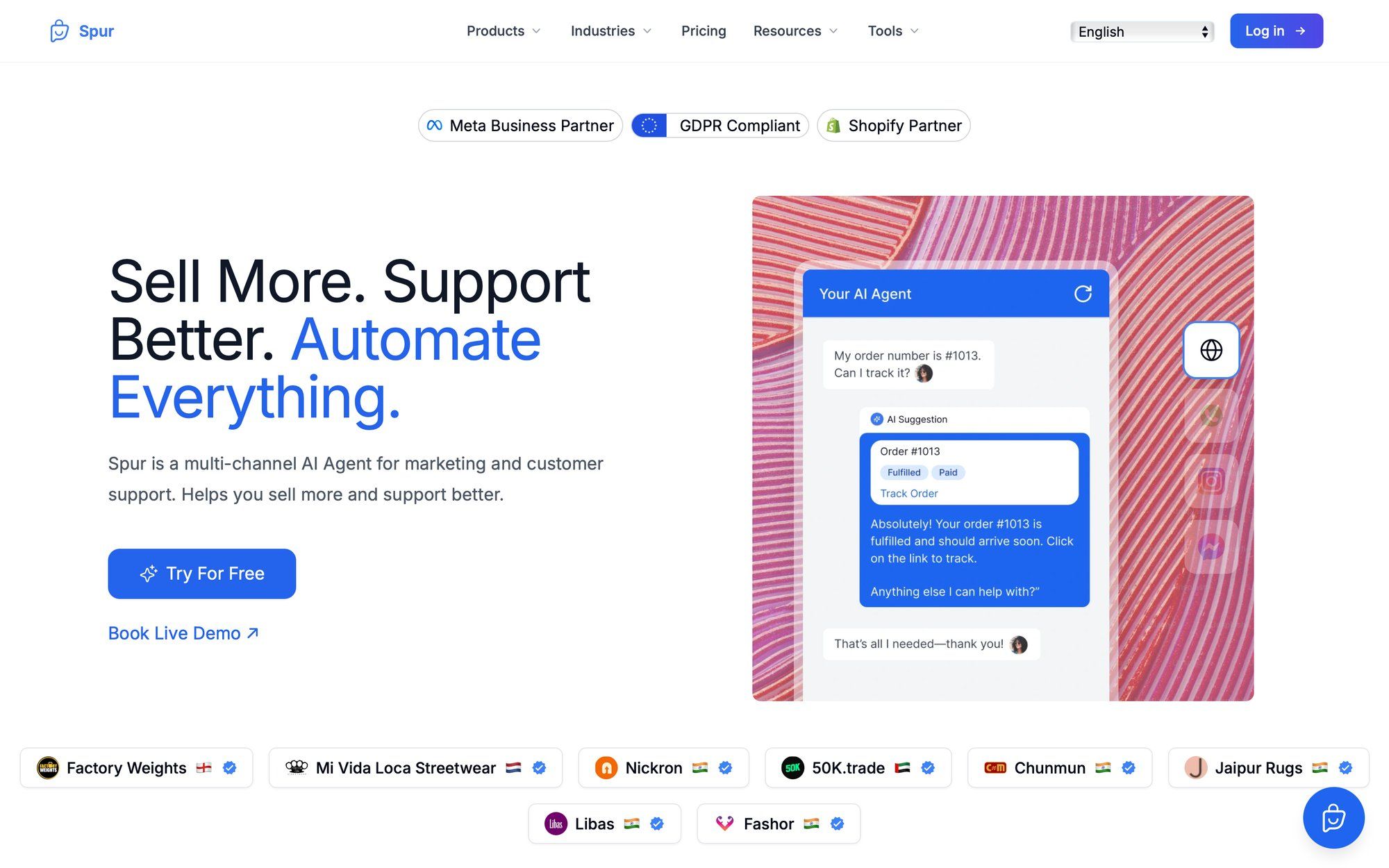 Spur AI agent website homepage, highlighting features for sales, support, and automation with a chat interface example.