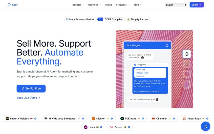 Spur AI agent website homepage, highlighting features for sales, support, and automation with a chat interface example.