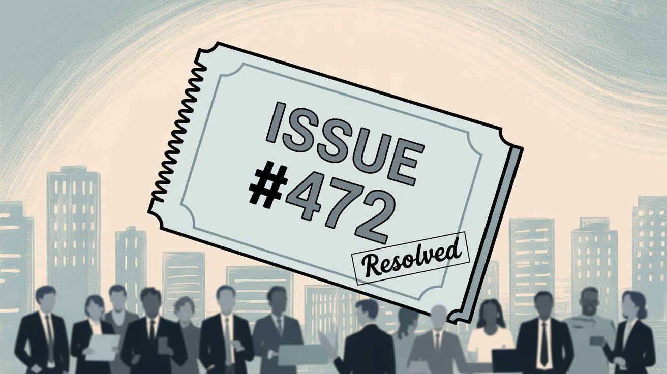 Support ticket management illustration showing a resolved issue ticket in a professional business environment, representing systematic customer support workflows