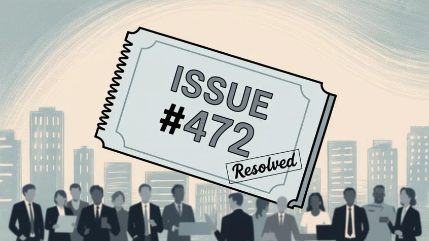 Support ticket management illustration showing a resolved issue ticket in a professional business environment, representing systematic customer support workflows