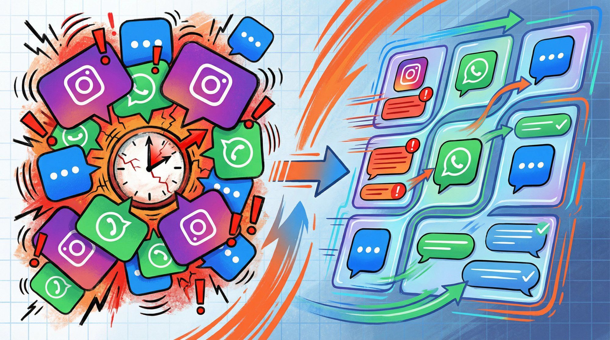 Vibrant editorial illustration showing customer messaging chaos transforming into organized fast responses