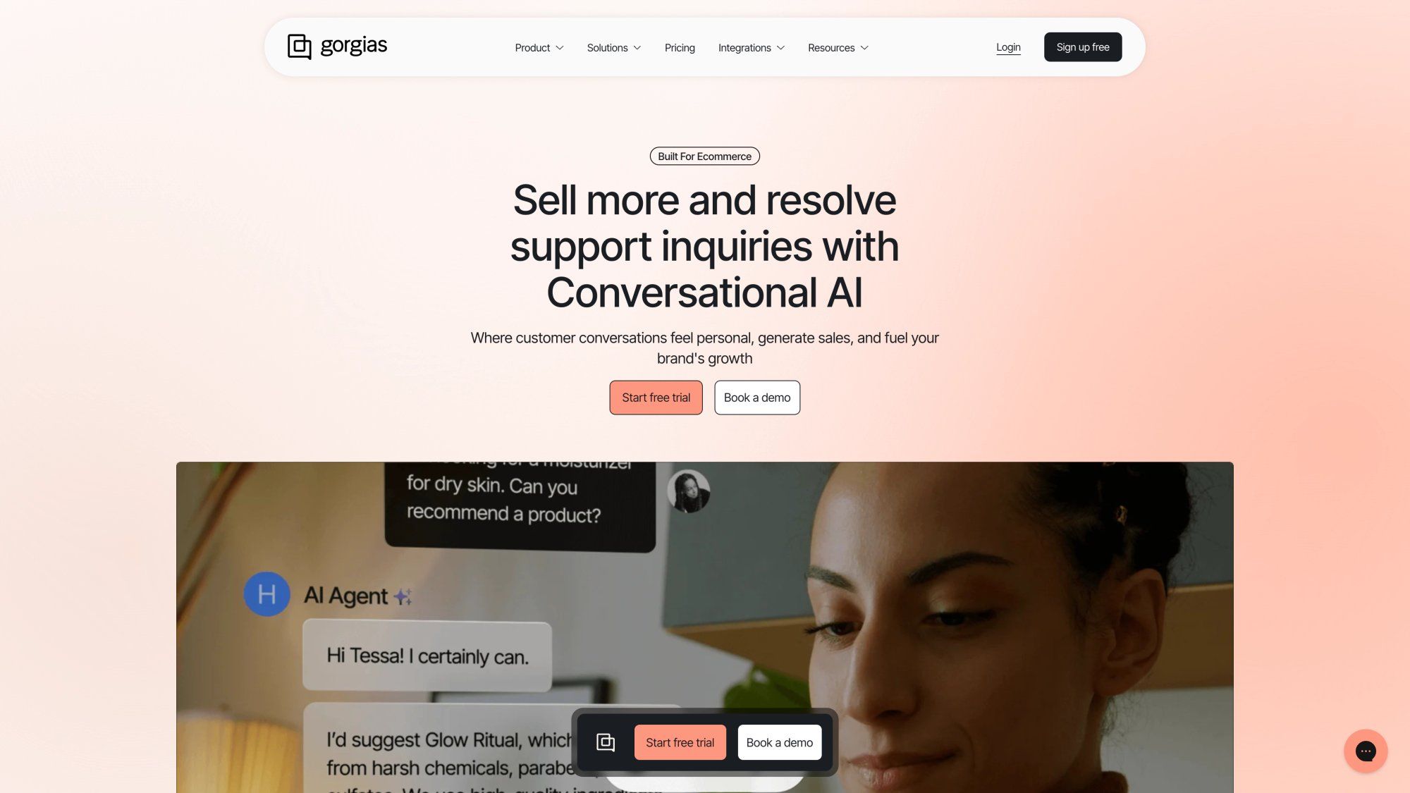 Gorgias homepage showing its ecommerce-native conversational AI support platform with live chat product preview