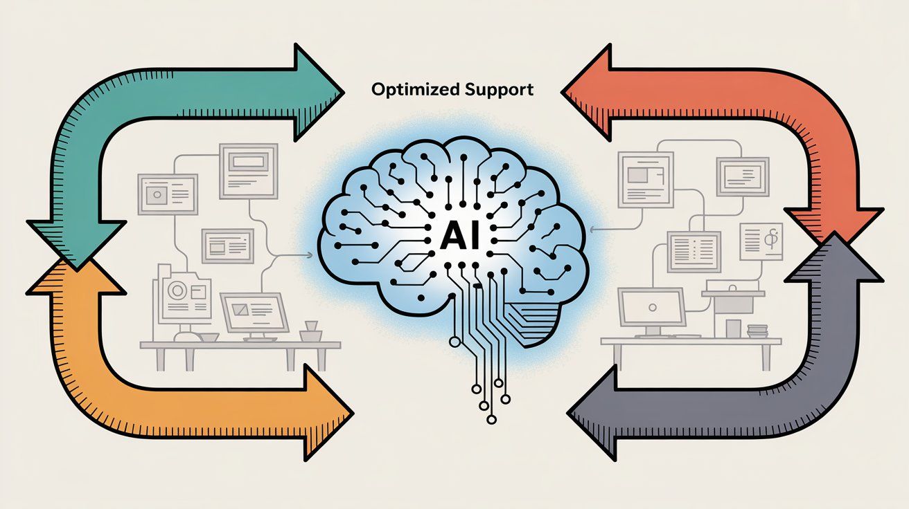 Professional illustration of AI customer service efficiency workflow showing optimized support processes