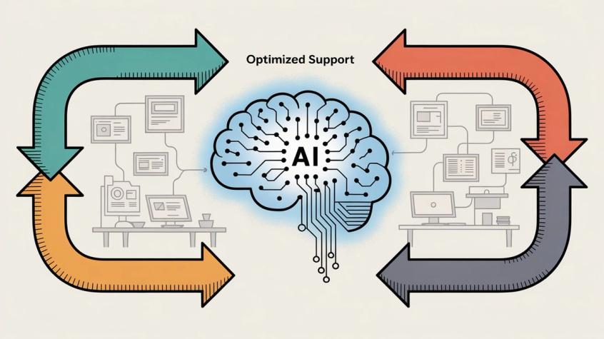 Professional illustration of AI customer service efficiency workflow showing optimized support processes