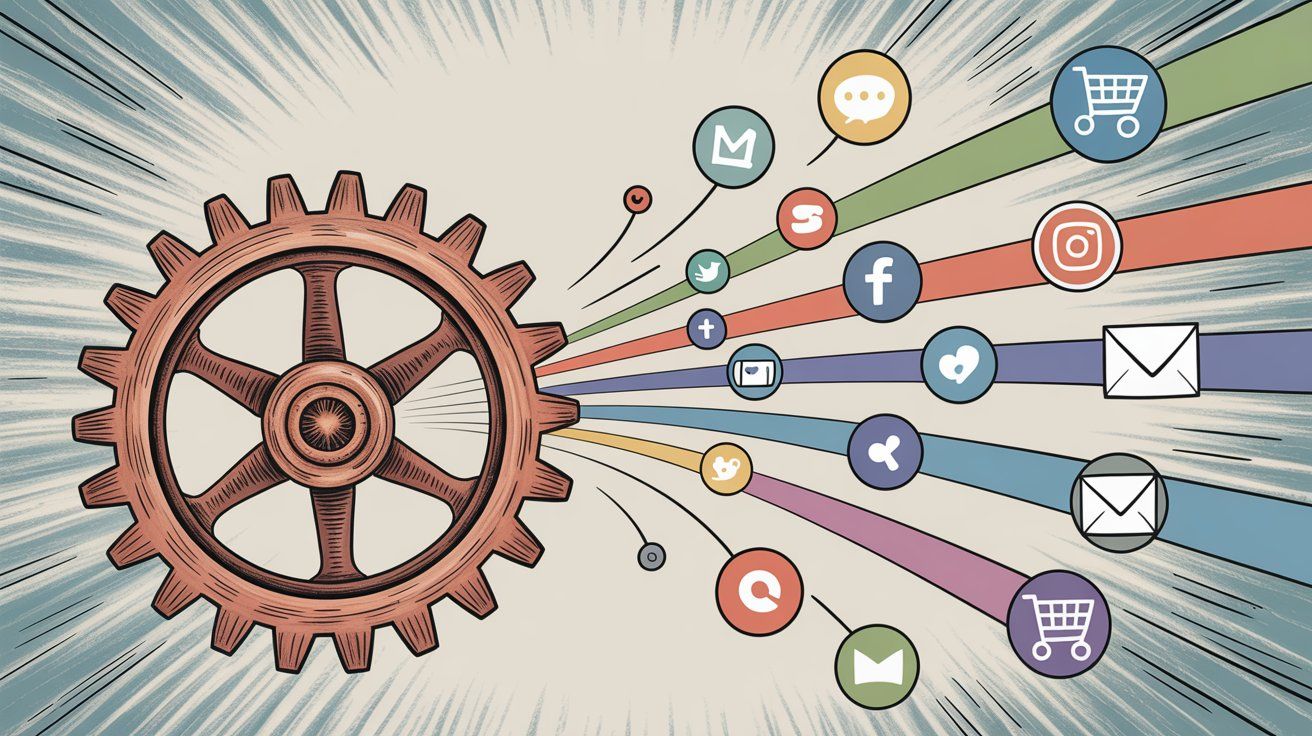 Visual representation of multi-channel marketing integration connecting email, messenger, social media, and other communication channels