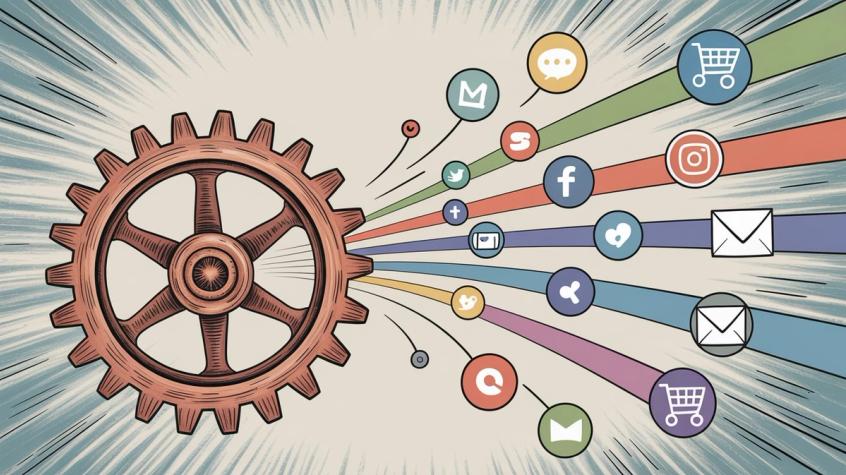 Visual representation of multi-channel marketing integration connecting email, messenger, social media, and other communication channels