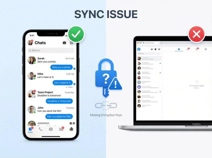Split-screen comparison showing phone displaying messages versus desktop with blank screen, connected by encryption key icon