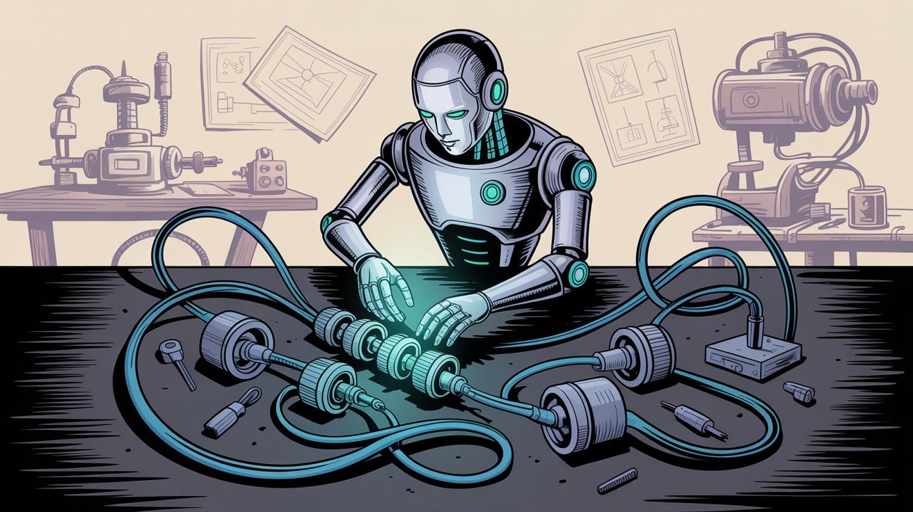 Technical setup visualization showing robot assembling infrastructure components and connections for Instagram bot deployment