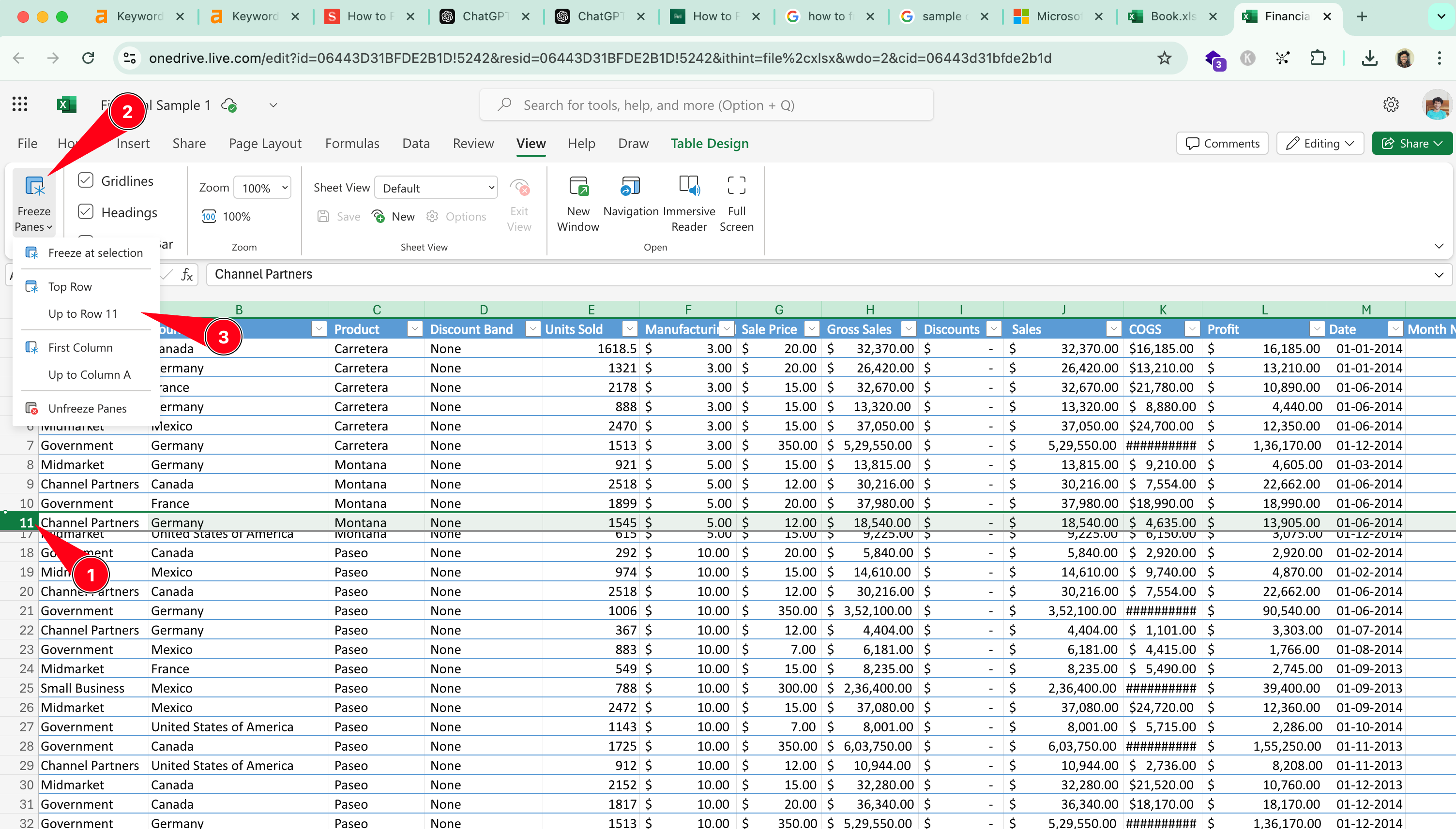 Freeze up to specific row number in Excel Online