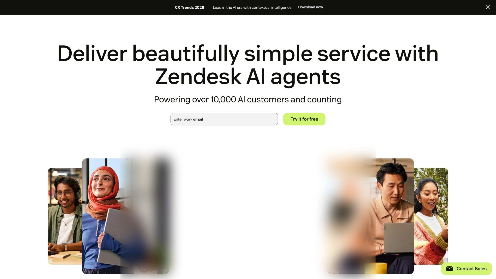 Zendesk enterprise-grade customer service platform homepage showcasing omnichannel support and AI capabilities