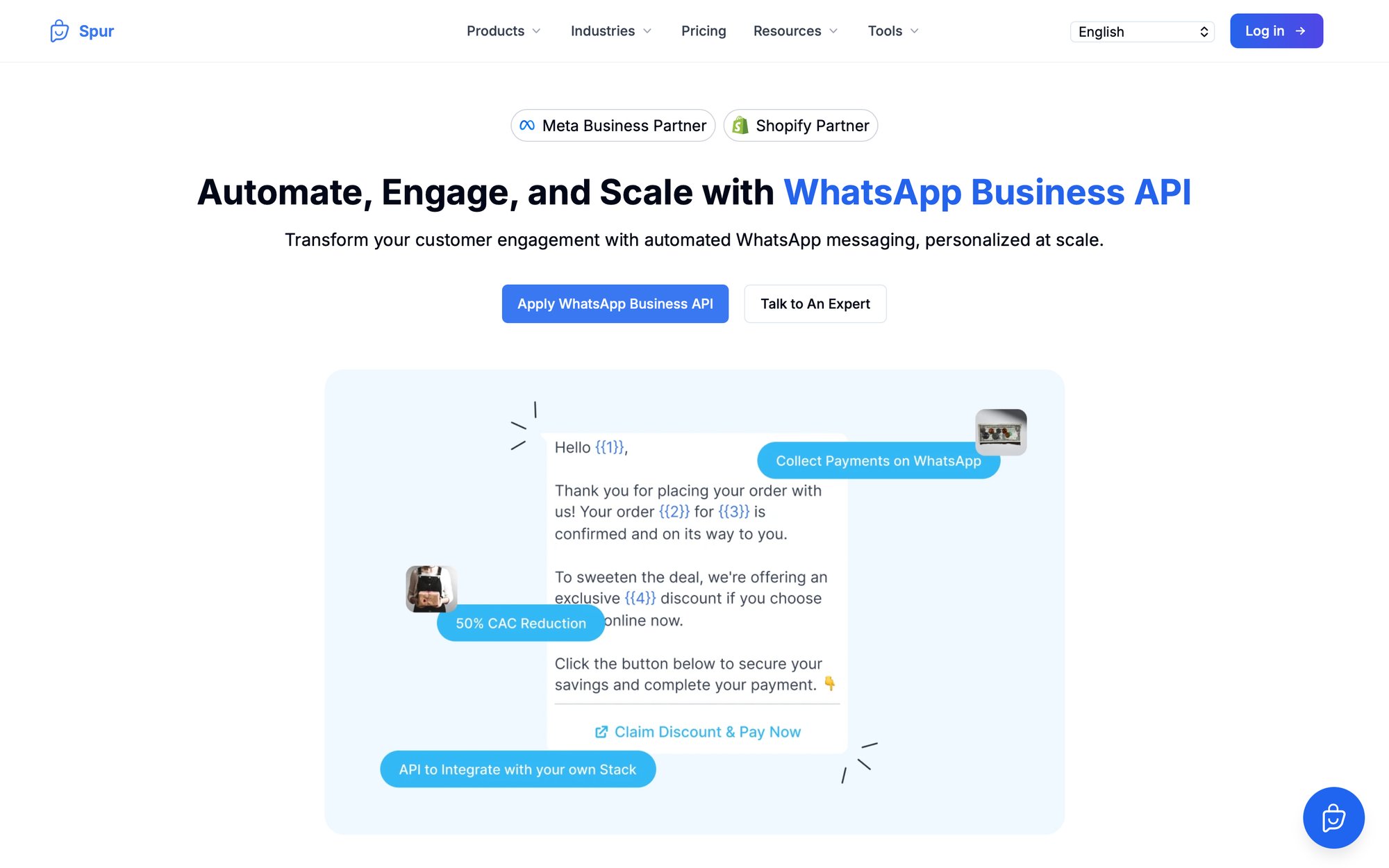 Spur's website displaying features of WhatsApp Business API for automated customer engagement and personalized messaging.
