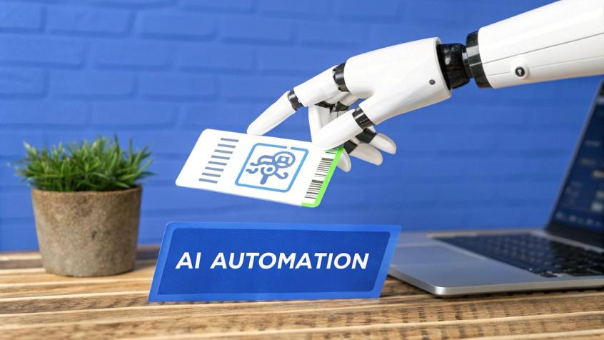 An illustration showing a chatbot icon and various automation symbols, representing the integration of AI into help desk workflows.