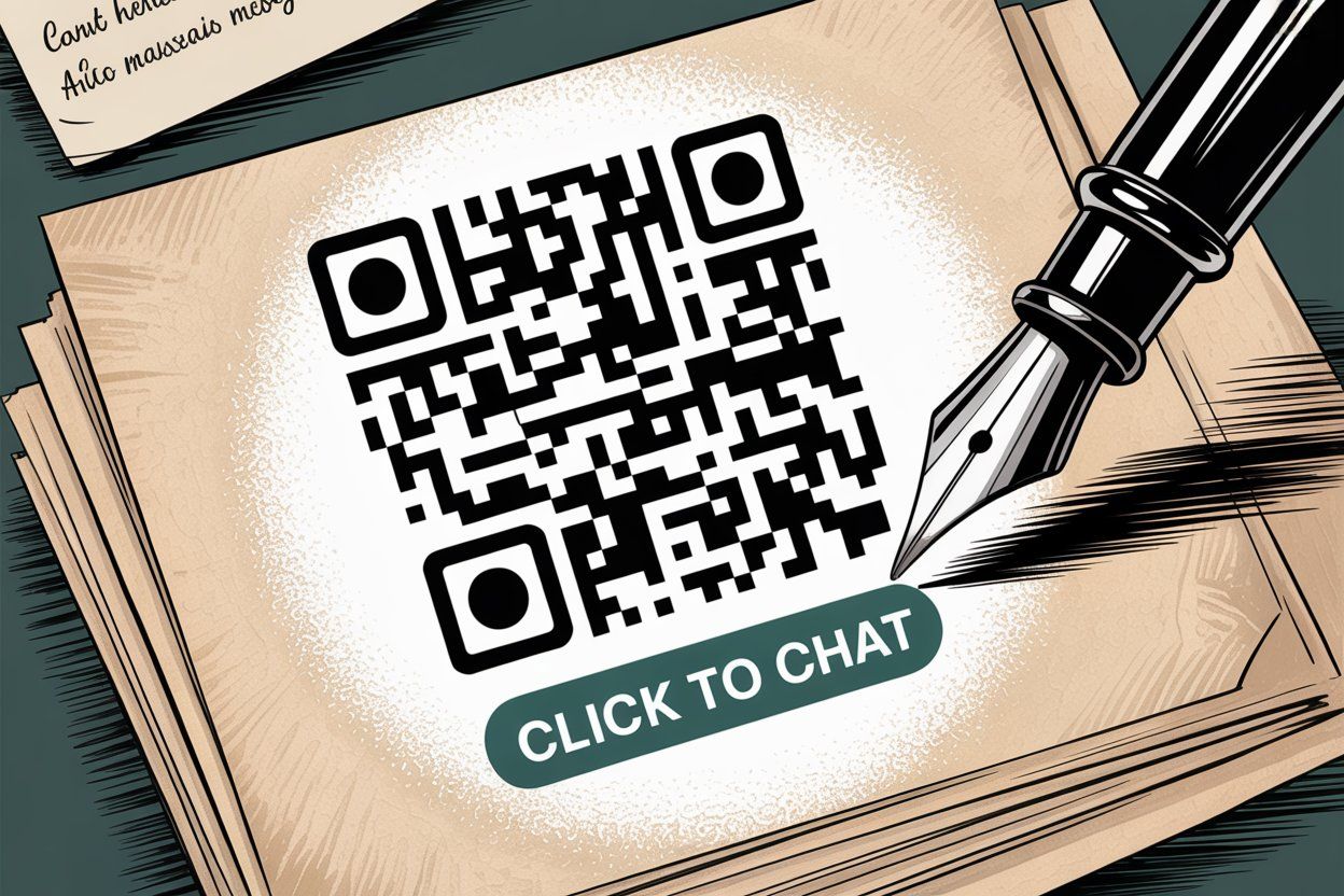 Illustration showing the click-to-chat link workflow with QR codes and manual WhatsApp messaging process