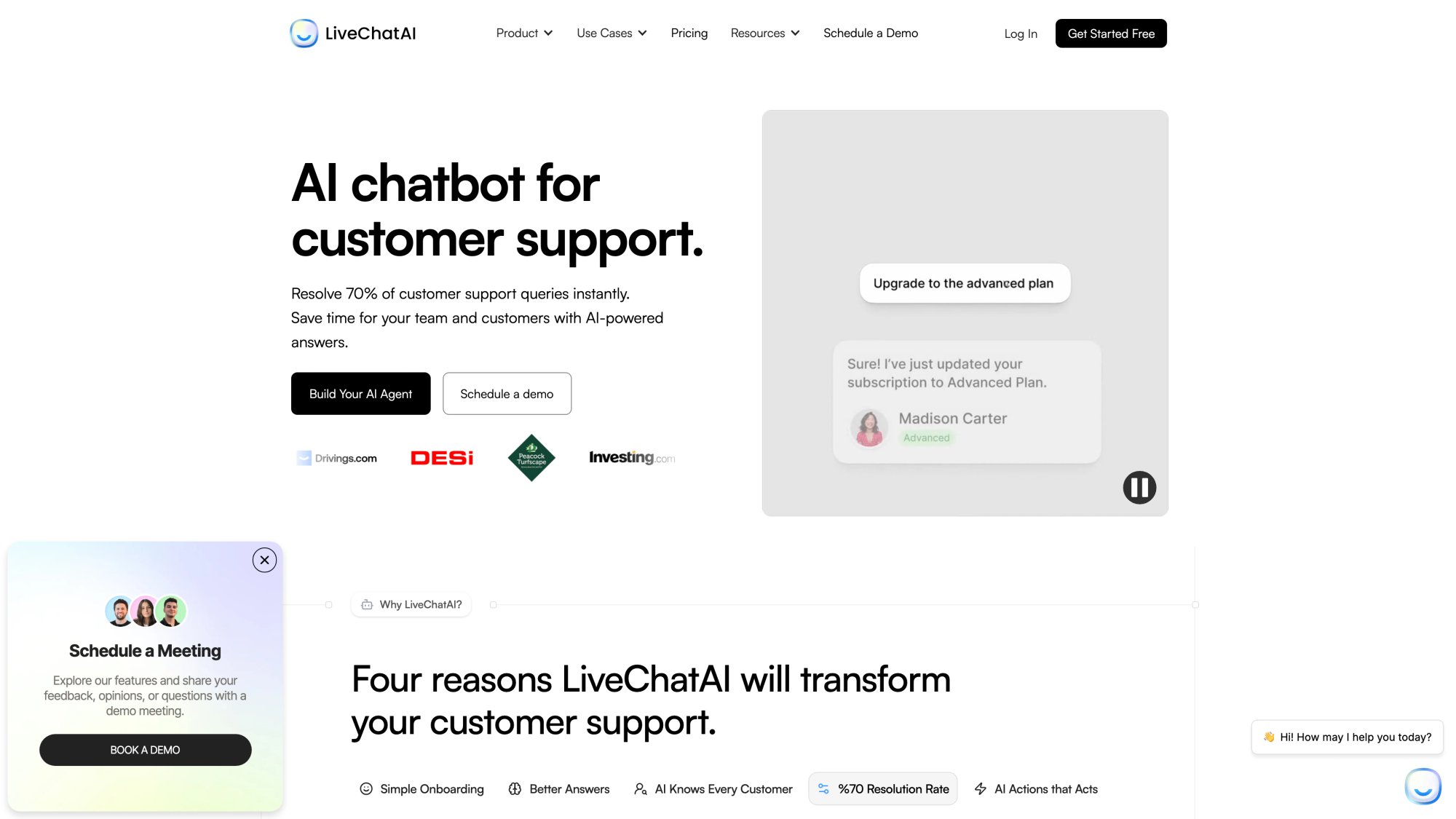 LiveChatAI homepage showing GPT-4 powered chatbot trained on business documentation and knowledge base content