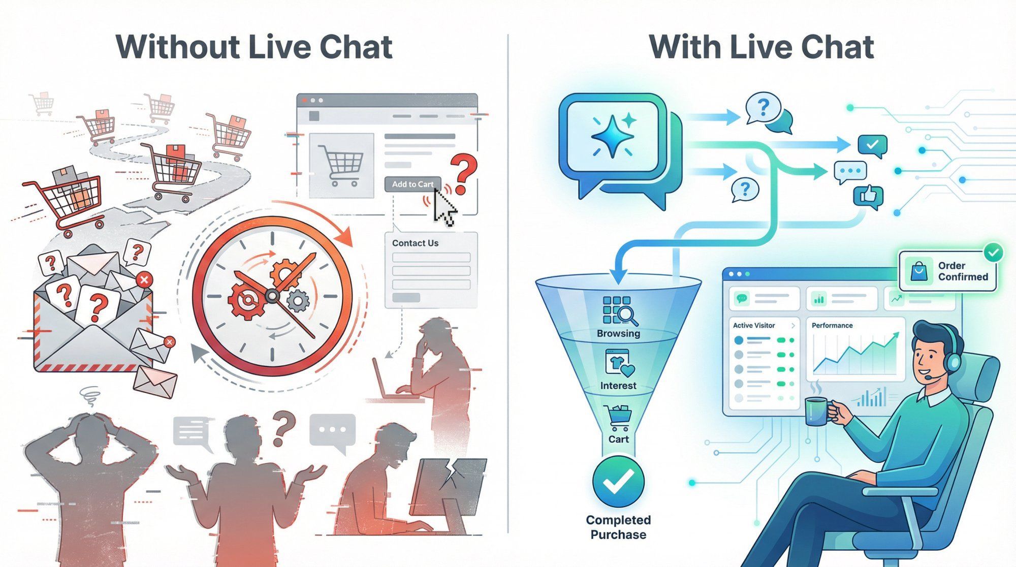 Before and after comparison showing chaotic e-commerce support versus streamlined live chat automation