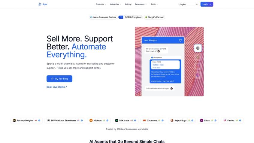 Spur AI agent website showcasing automated customer support for businesses, order tracking, and various partnerships.