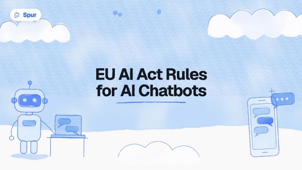 Watercolour illustration of a robot at a laptop and a phone with chat bubbles under the title EU AI Act Rules for AI Chatbots