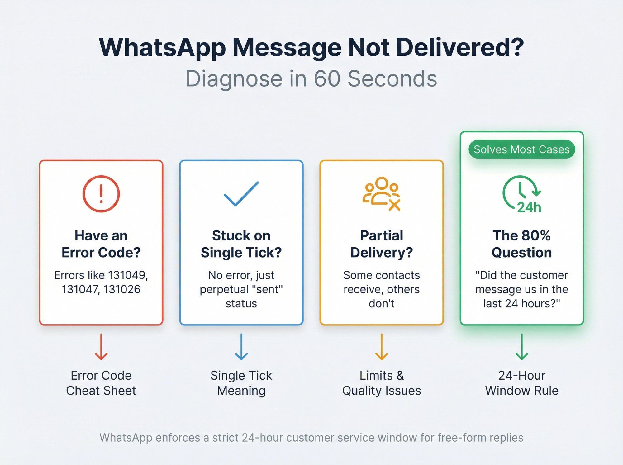 Visual diagnostic flowchart showing four paths to identify WhatsApp delivery issues in 60 seconds