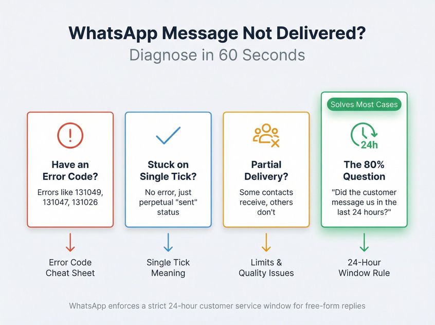 Visual diagnostic flowchart showing four paths to identify WhatsApp delivery issues in 60 seconds