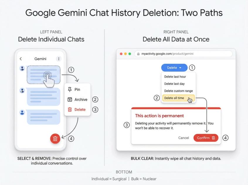 Split-panel guide showing two methods to delete Gemini chat history: selective deletion vs complete wipeout