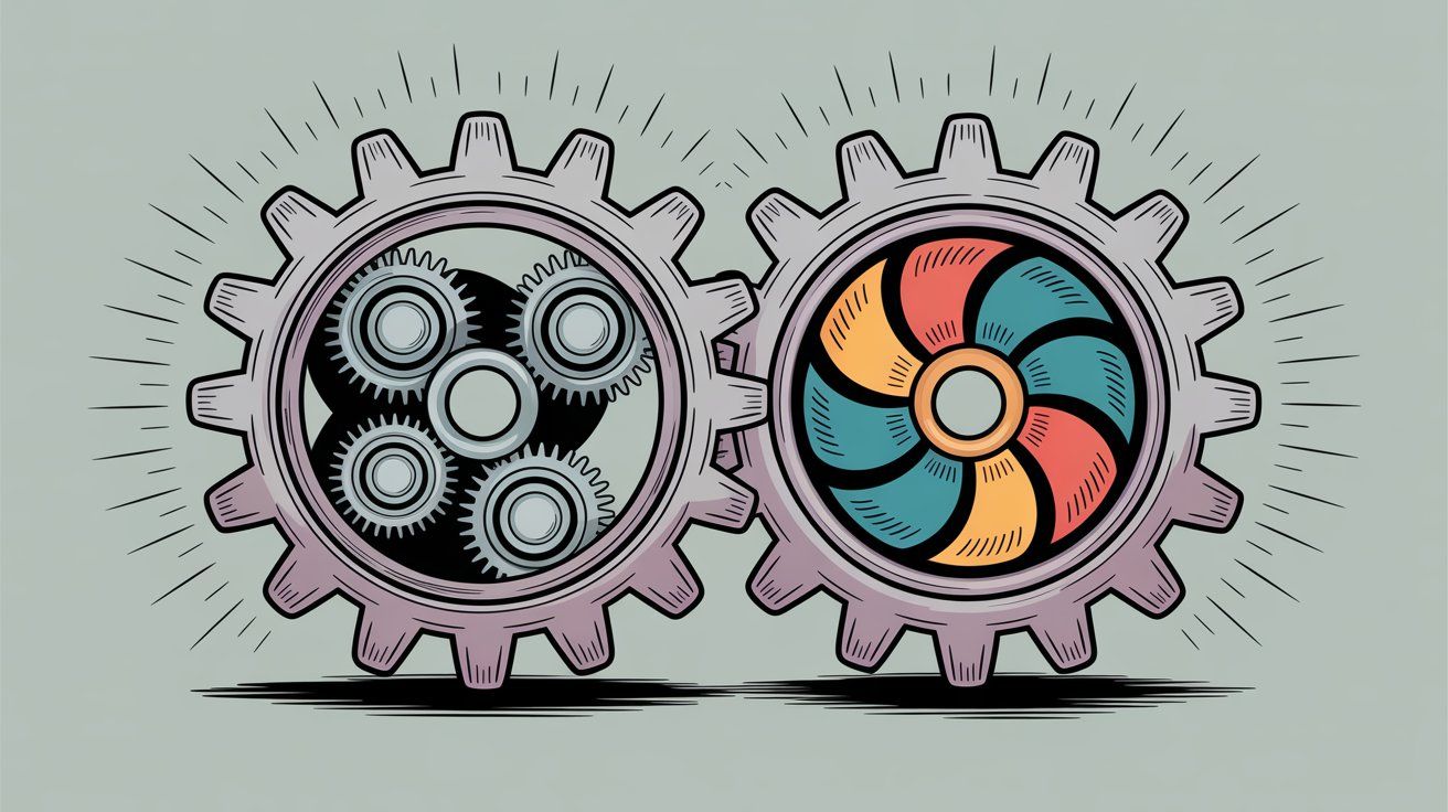 Illustration of two interconnected gears representing comparison between different business platforms