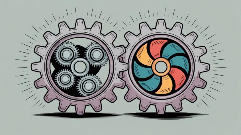 Illustration of two interconnected gears representing comparison between different business platforms