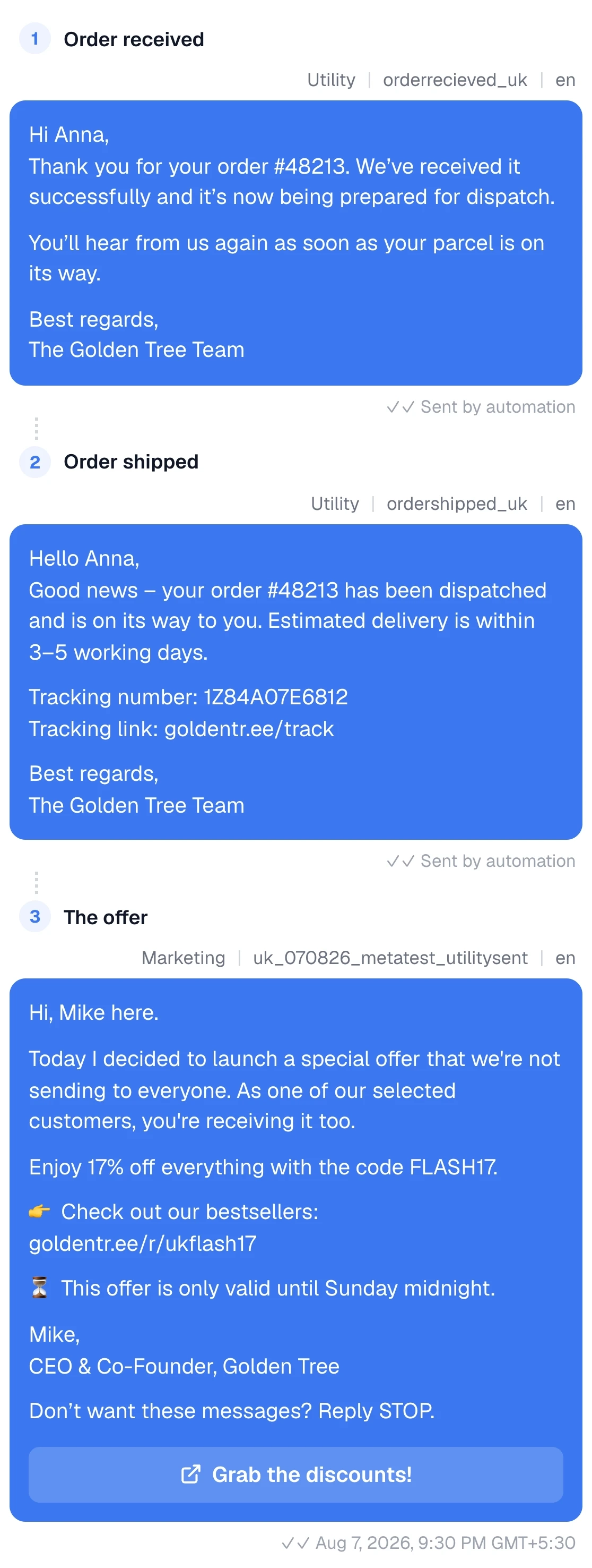 The three WhatsApp messages the test group received, in Spur's message preview. First the utility template orderrecieved_uk: Hi Anna, thank you for your order, we've received it and it's being prepared for dispatch. Second the utility template ordershipped_uk: your order has been dispatched, delivery within 3 to 5 working days, with a tracking number and link. Third the marketing message from Mike, CEO and co-founder: 17% off everything with the code FLASH17, valid until Sunday midnight, with a Grab the discounts! button. Sent 7 August 2026.