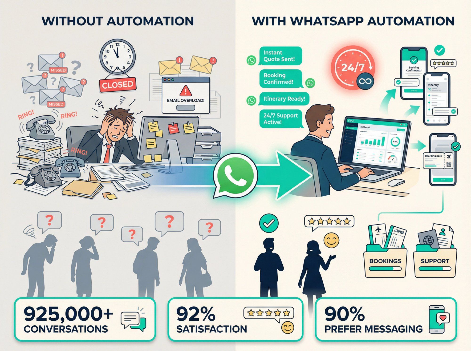 Before and after comparison showing travel agency transformation through WhatsApp automation