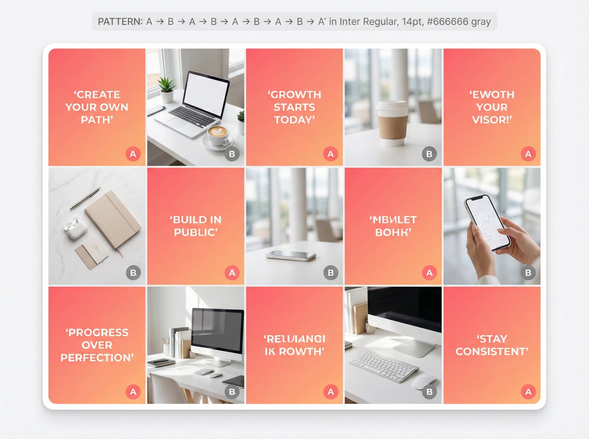 Instagram profile grid showing checkerboard layout pattern with alternating quote graphics and lifestyle photos in 3x3 arrangement