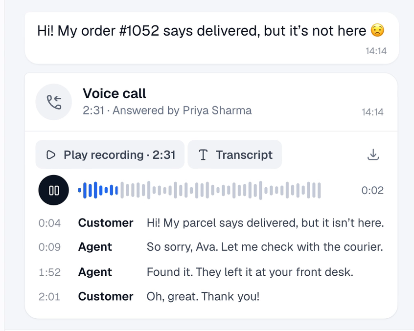 A finished call in the chat, answered by a teammate, with its recording and a transcript split into Agent and Customer