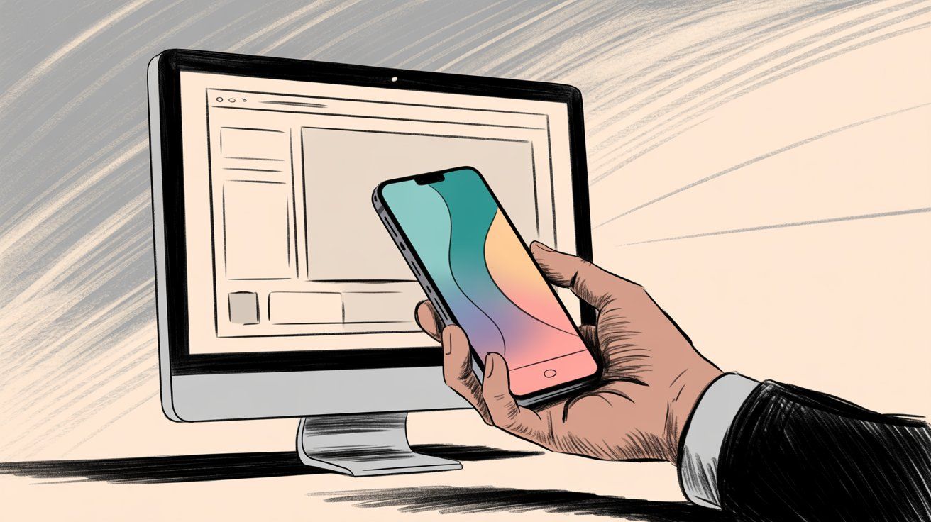 Illustration comparing mobile phone and desktop computer usage for accessing social media platforms