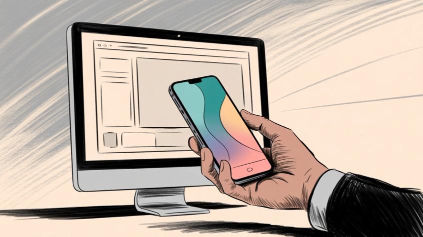 Illustration comparing mobile phone and desktop computer usage for accessing social media platforms