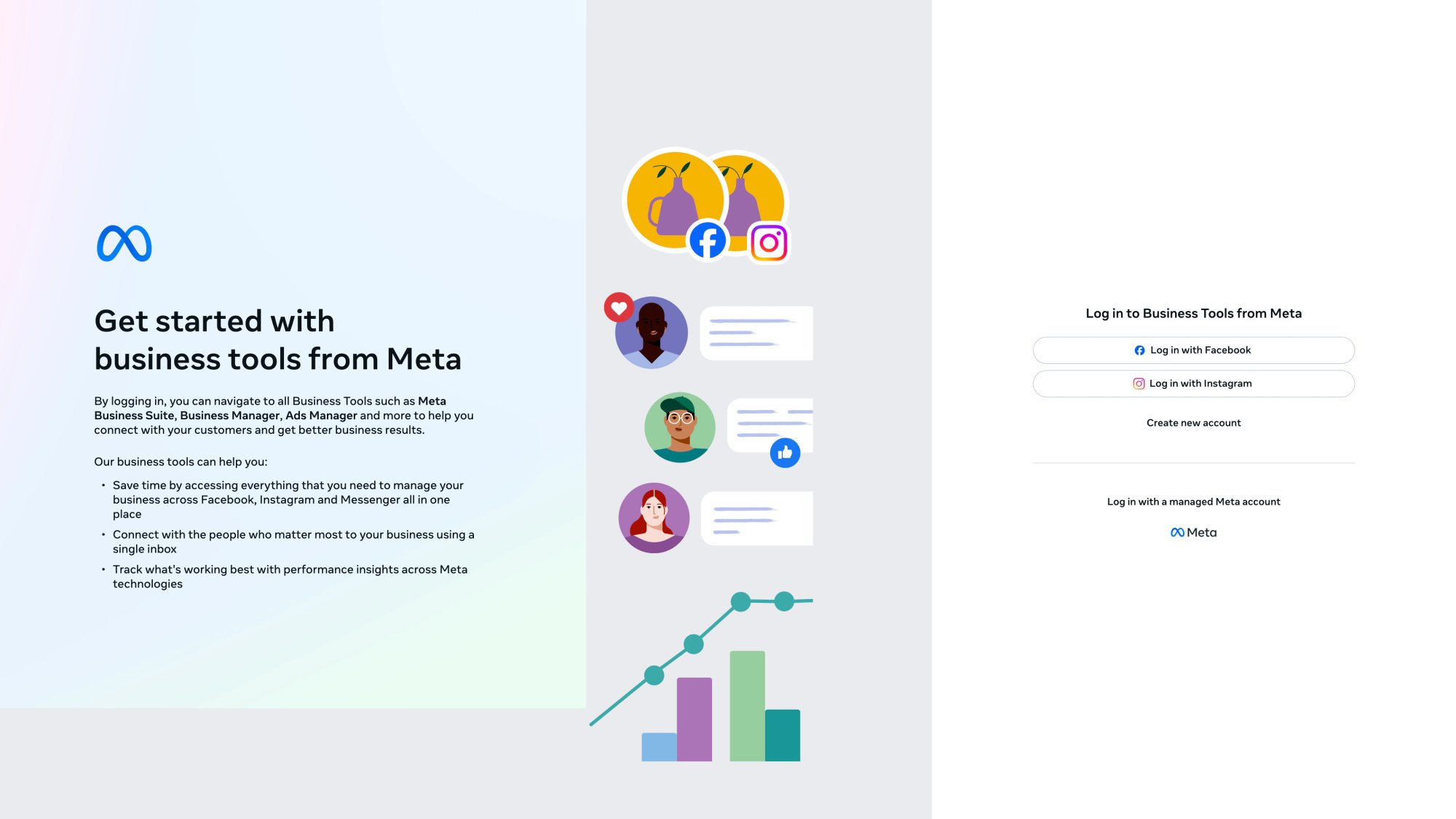 Meta Business Suite landing page showing unified inbox interface for managing Facebook and Instagram messages
