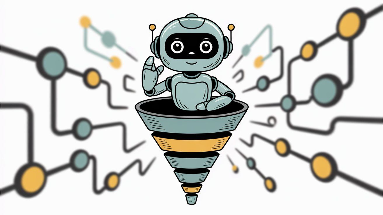 Friendly chatbot robot sitting in a qualification funnel, surrounded by a network of leads being processed and sorted efficiently