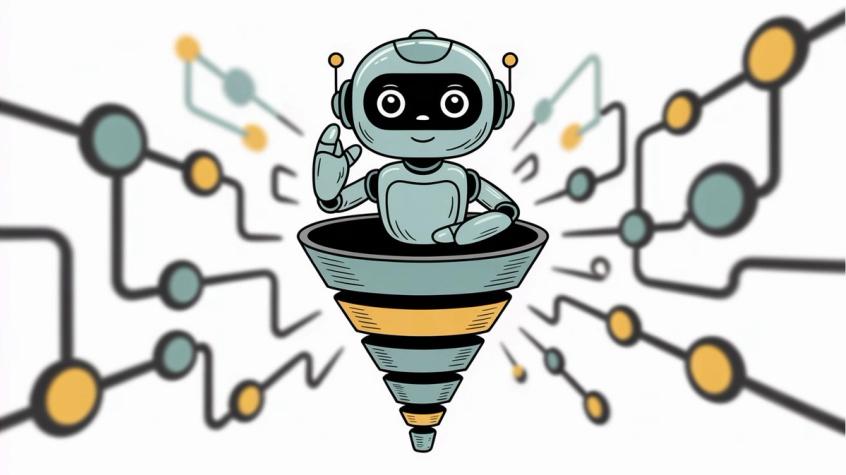 Friendly chatbot robot sitting in a qualification funnel, surrounded by a network of leads being processed and sorted efficiently